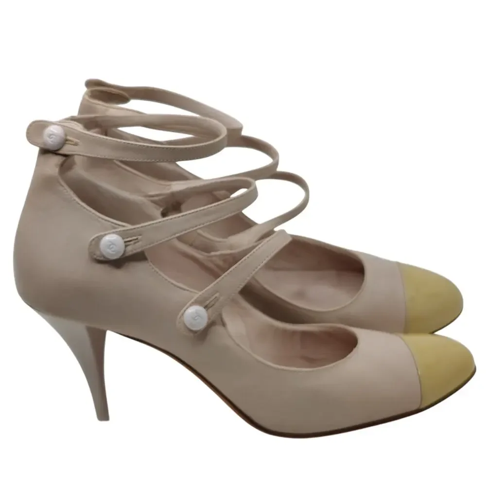 Vintage 90s Nude cap toe CHANEL Mary Jane Pumps sz 40.5/9 - Picture 4 of 10